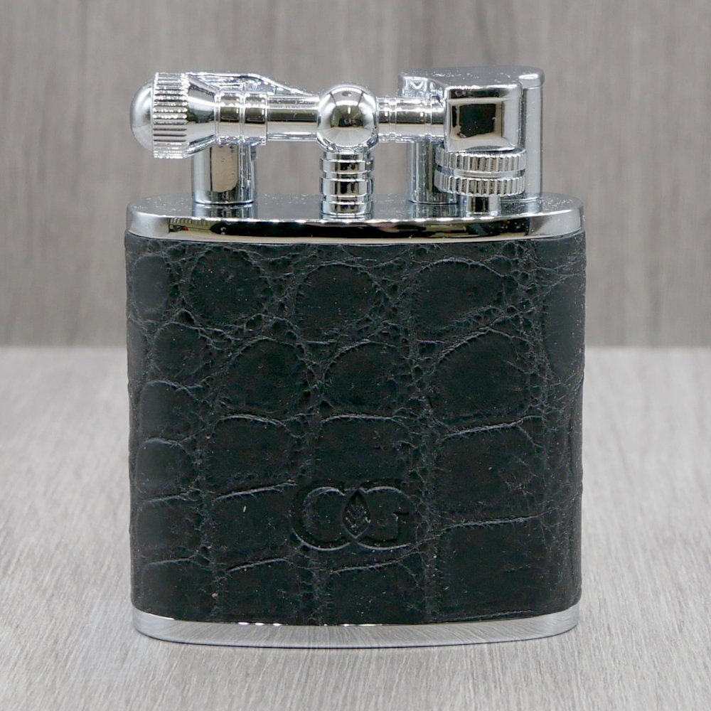J Cure C.Gars Collection Jet Flame Table Lighter - Black Crocodile Leather (End of Line)